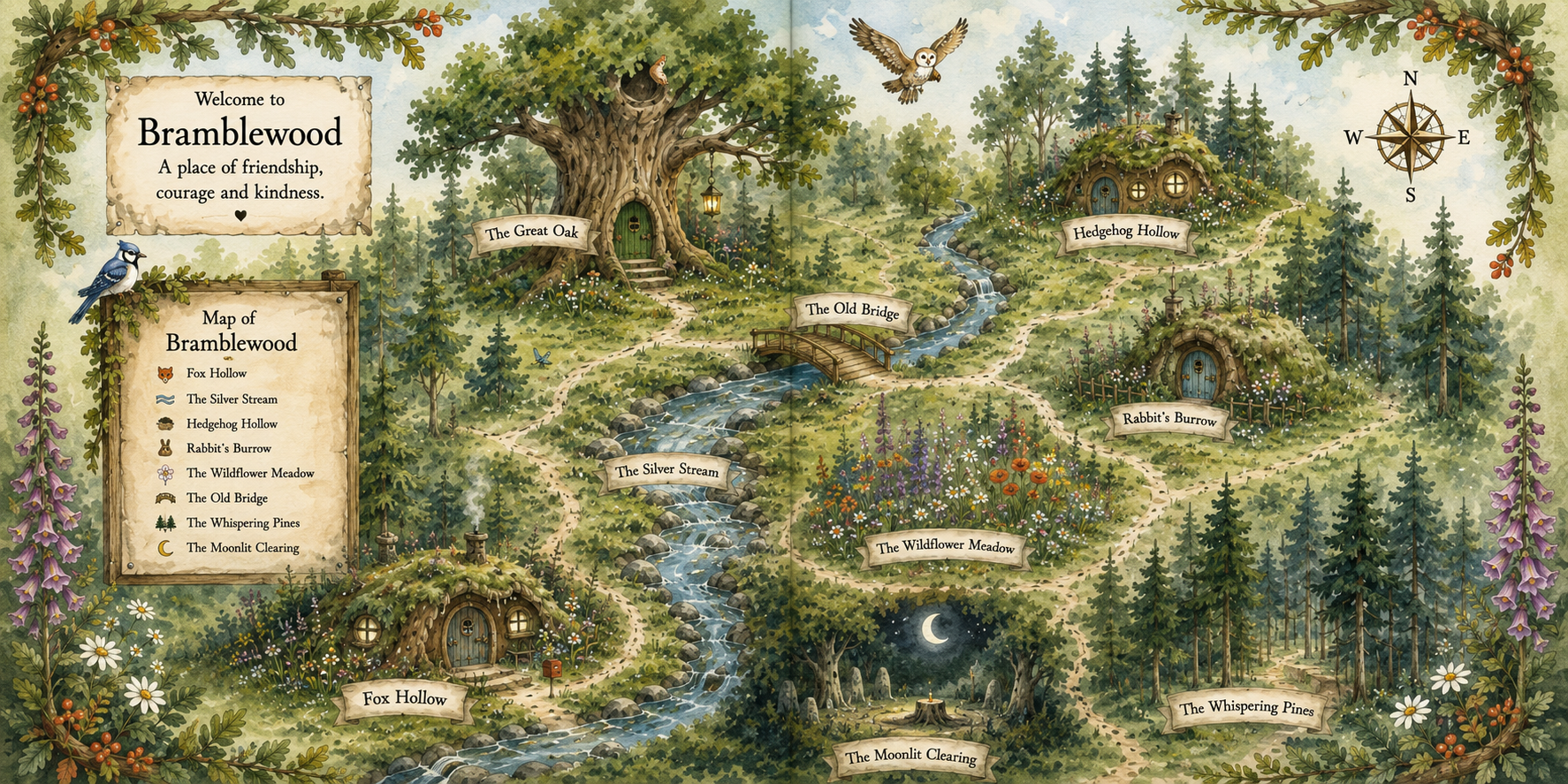Bramblewood map: the Great Oak in the northwest, Hedgehog Hollow northeast, Rabbit’s Burrow east, Fox Hollow southwest; the Silver Stream and Old Bridge run through the centre, with Wildflower Meadow, Whispering Pines and Moonlit Clearing to the south.