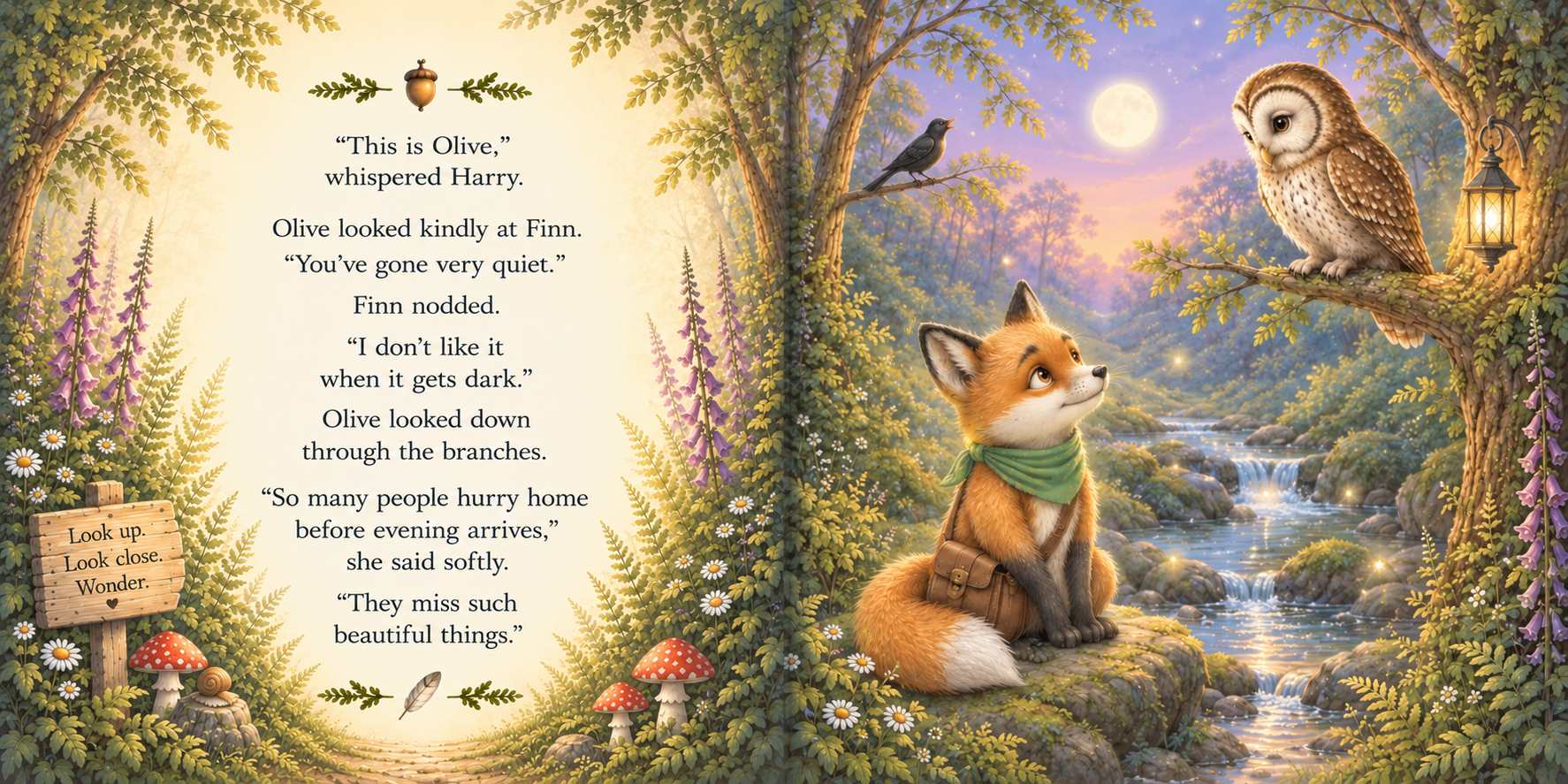 An illustrated spread from Finn’s story: Olive listens kindly to Finn beside the Silver Stream