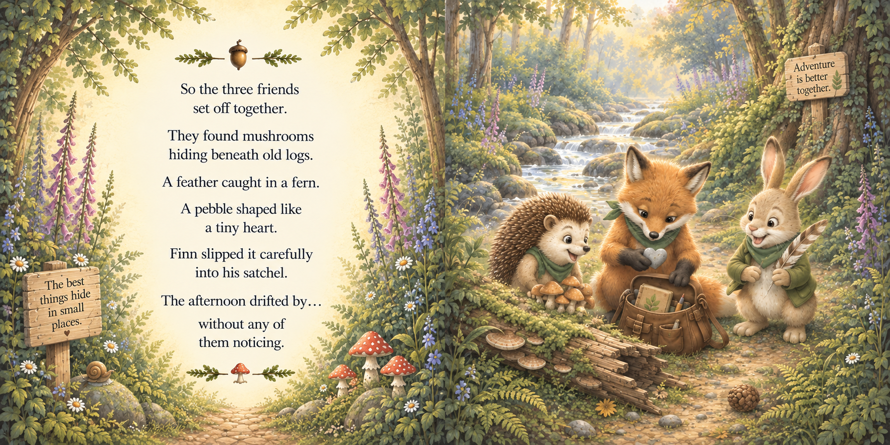 Harry, Finn and Pip discovering woodland treasures beside a sunlit stream.